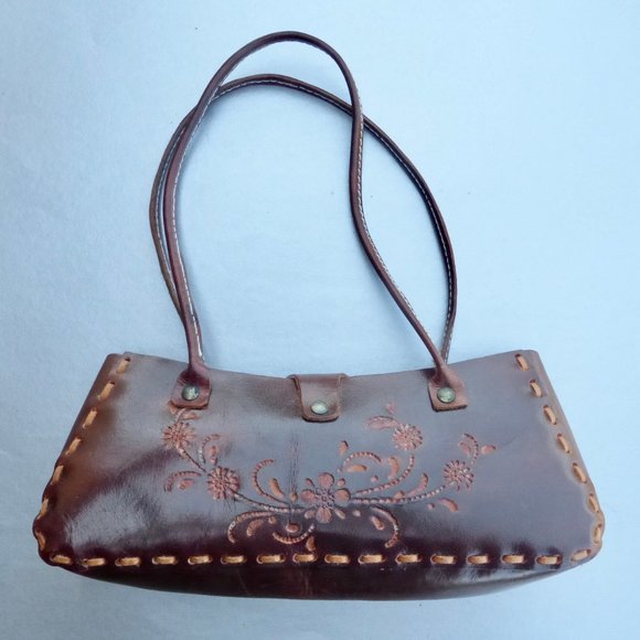 Tooled Floral Authentic Brown Leather Shoulder Bag - Picture 2 of 16